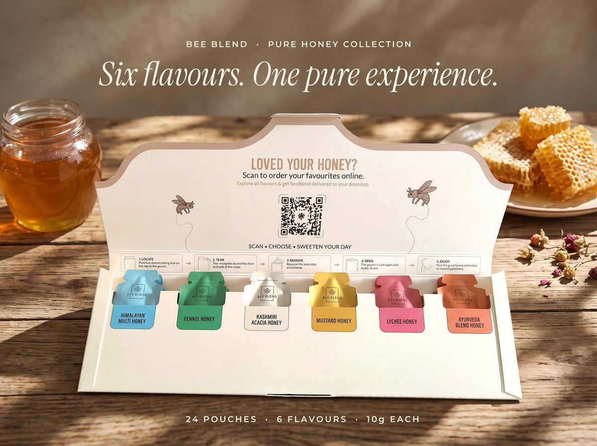 BeeBlend Pure Honey Collection honey tasting box open, showing six raw honey flavours