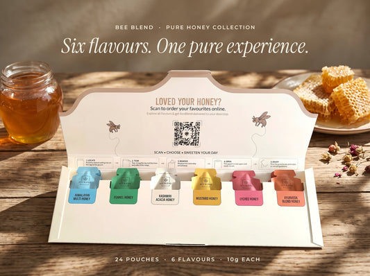 BeeBlend Pure Honey Collection honey tasting box open, showing six raw honey flavours