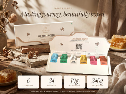 What's inside the BeeBlend honey tasting box: 6 flavours, 24 pouches, 10g each