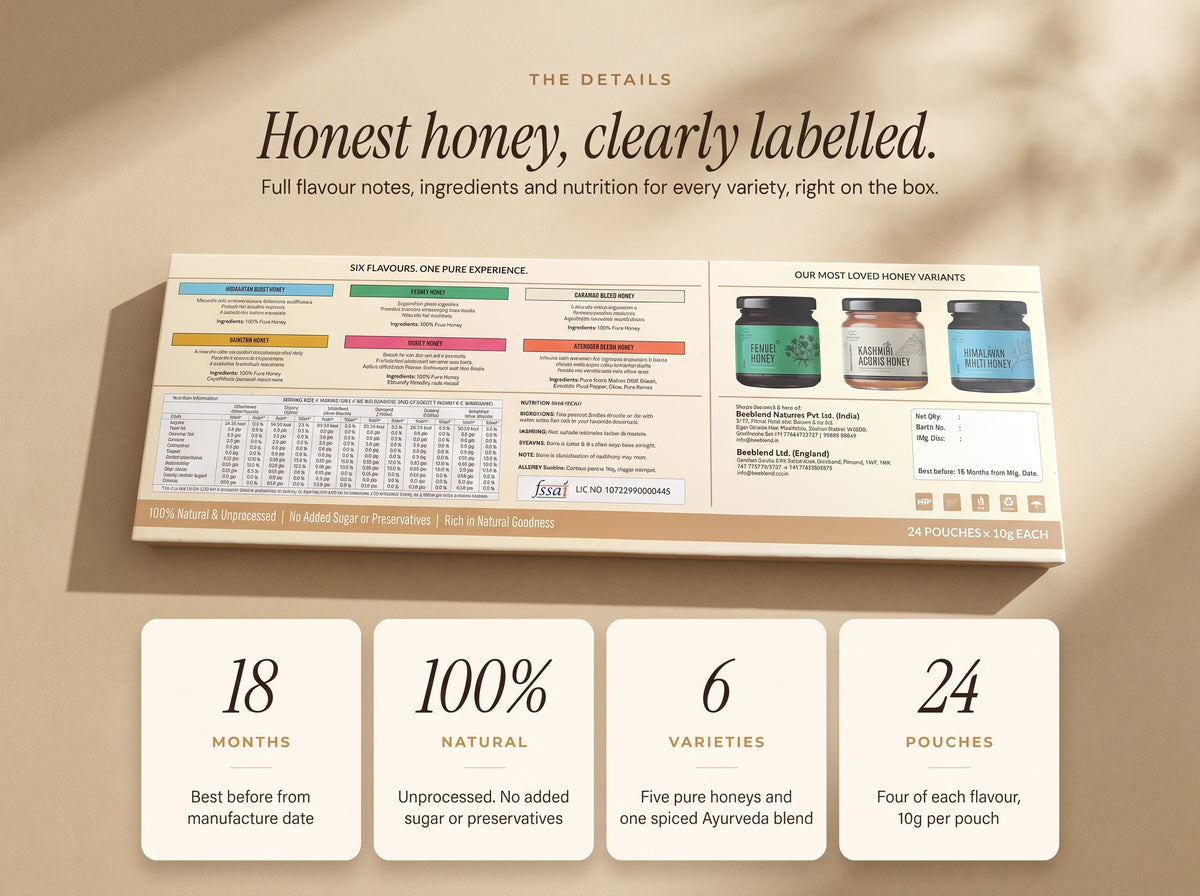 BeeBlend Pure Honey Collection box details: 18 months shelf life, 100% natural, 6 varieties, 24 pouches